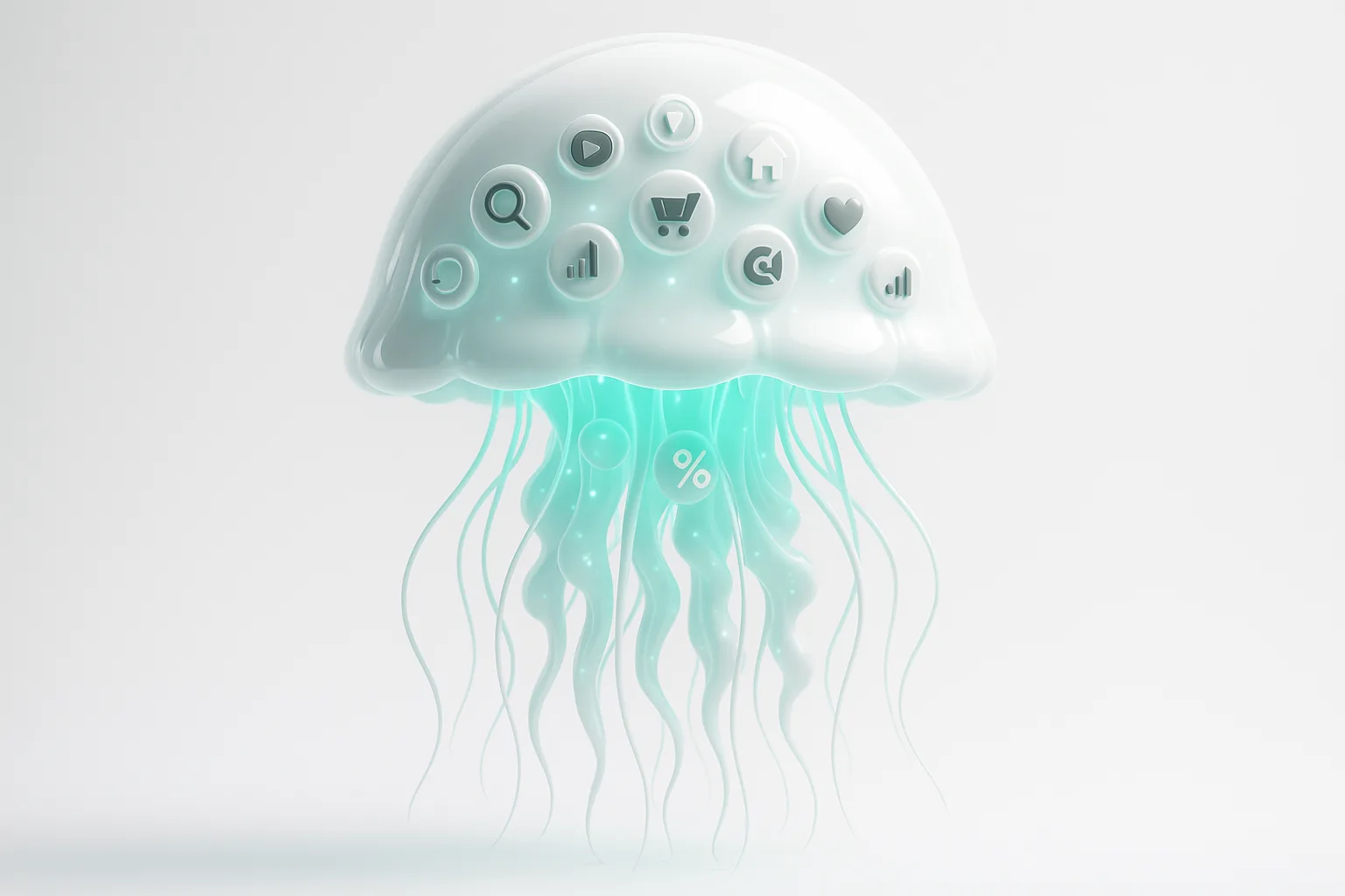 A single giant bioluminescent jellyfish, its glowing tendrils gently connecting and pulsing with dozens of miniature marketing icons suspended within its translucent bell.