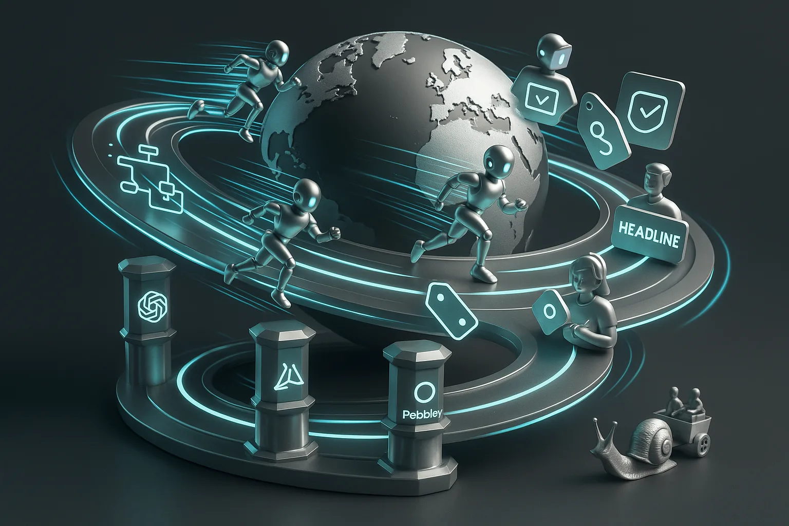 AI robots on a cyber racetrack update digital ads while creative and compliance icons flash rapidly