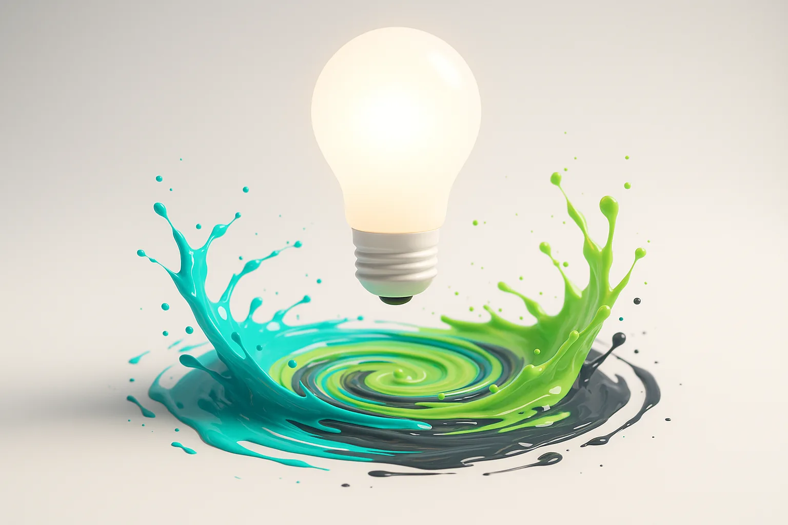 A glowing light bulb levitates above a vibrant, swirling vortex of colorful paint splashes, symbolizing the fusion of creativity and automated innovation in content creation.