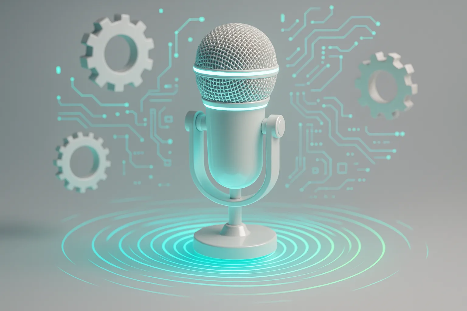 A futuristic, glowing microphone levitates above a swirling vortex of colorful sound waves, seamlessly merging with floating gears and digital circuits in a harmonious dance.