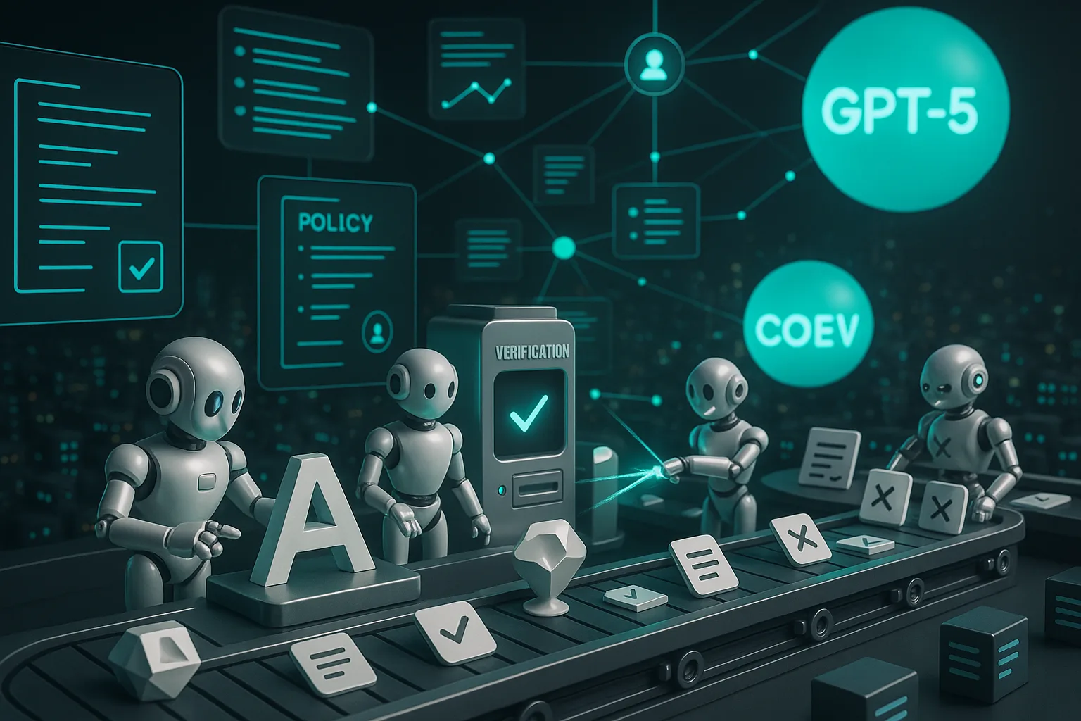 Futuristic control room with AI agents validating creative content, COEY and GPT-5 glowing at center