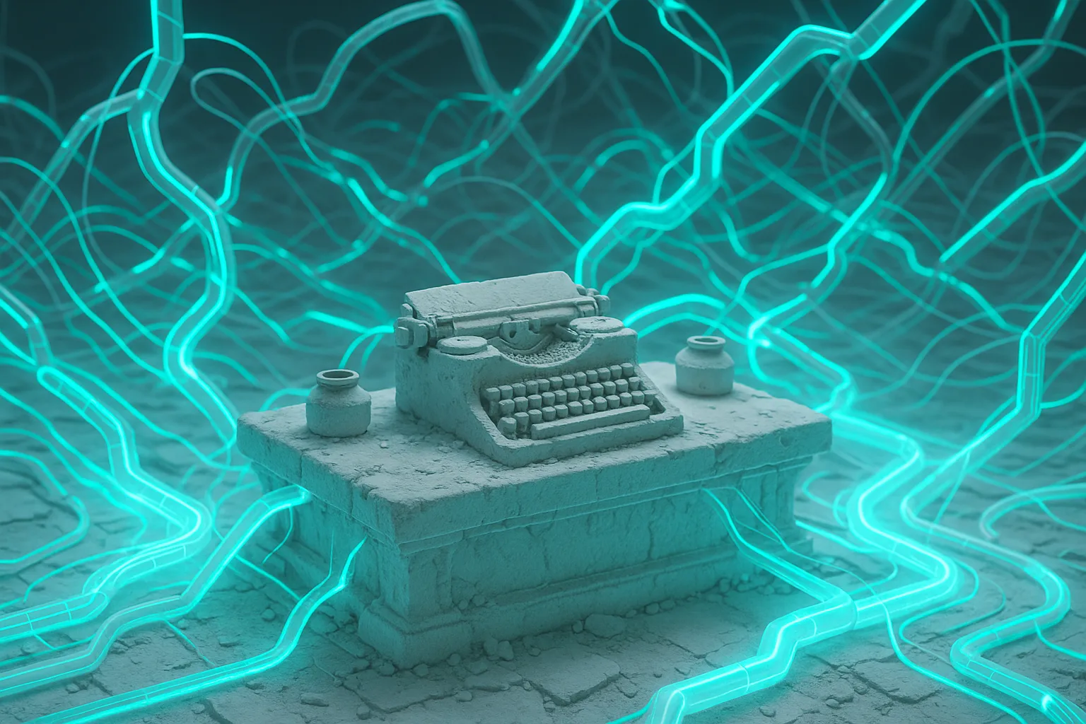 An ancient stone altar with broken, dusty keys and ink pots, overtaken by a sprawling, self-building network of glowing, crystalline conduits and flowing energy streams.