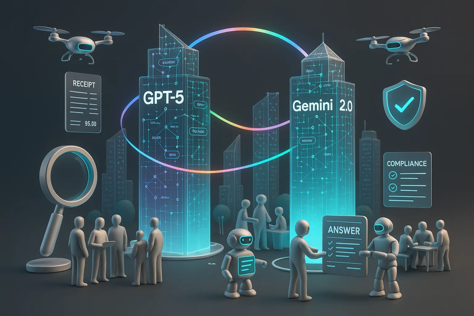 Futuristic city built from knowledge graphs, triplets, AI agents, compliance icons, citations, and data streams