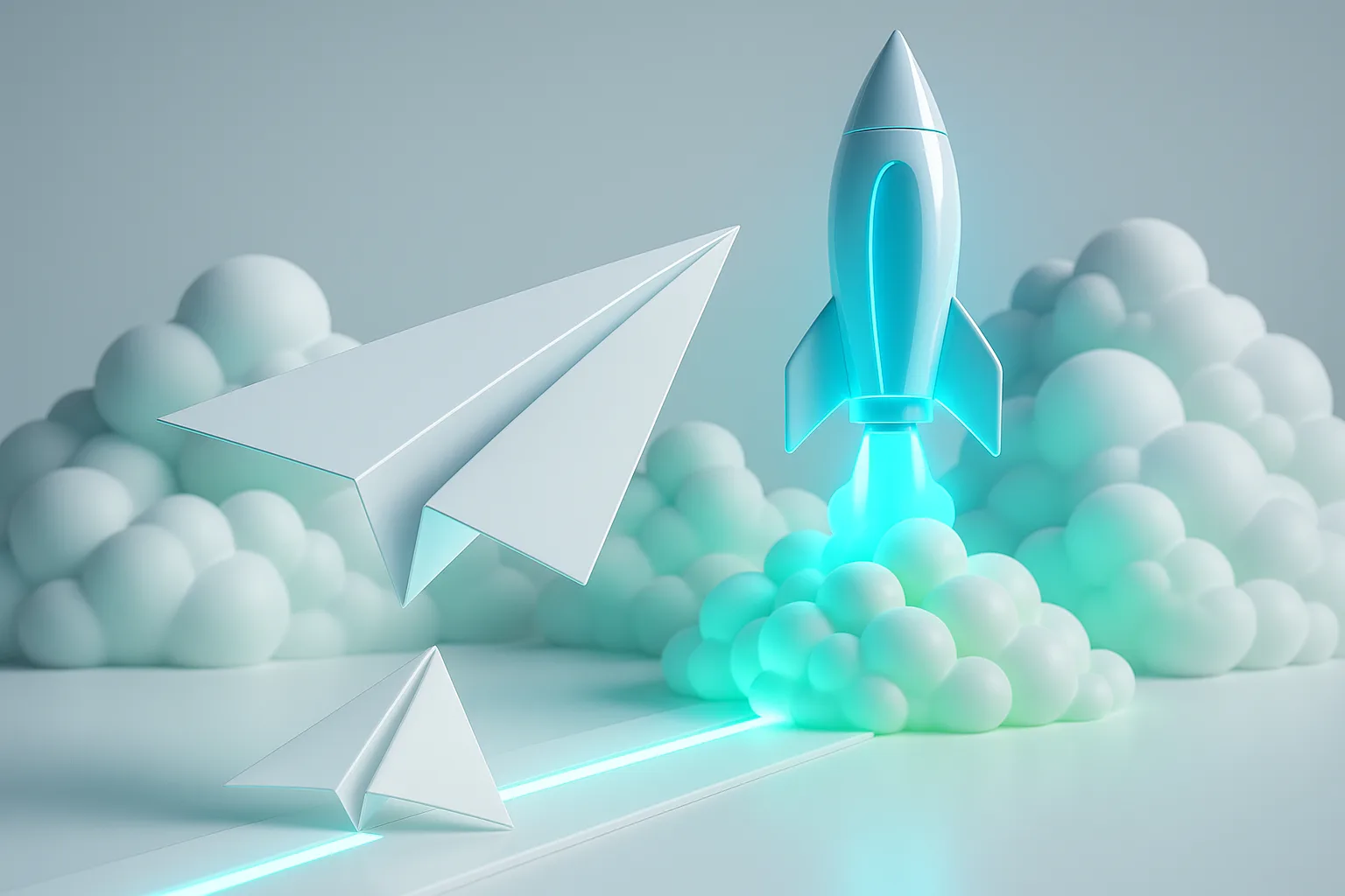 A futuristic paper airplane launches from a glowing runway, transforming mid-flight into a sleek, electric-blue rocket amidst vibrant clouds.
