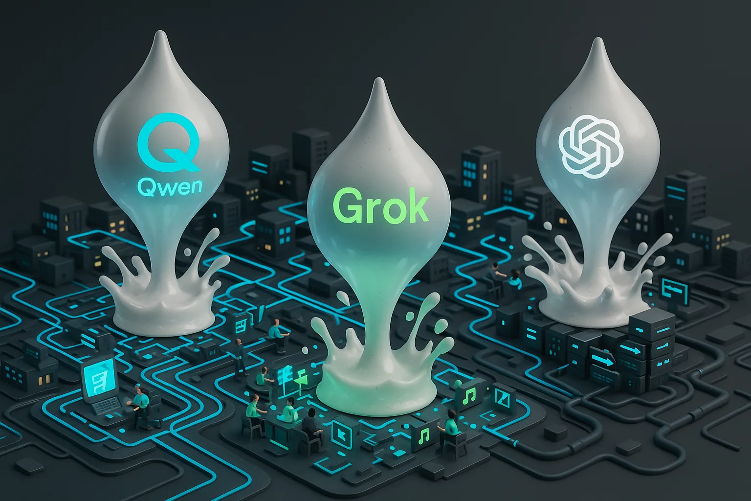 Three giant AI-branded droplets splash into a vibrant future city, activating digital workflows and connections