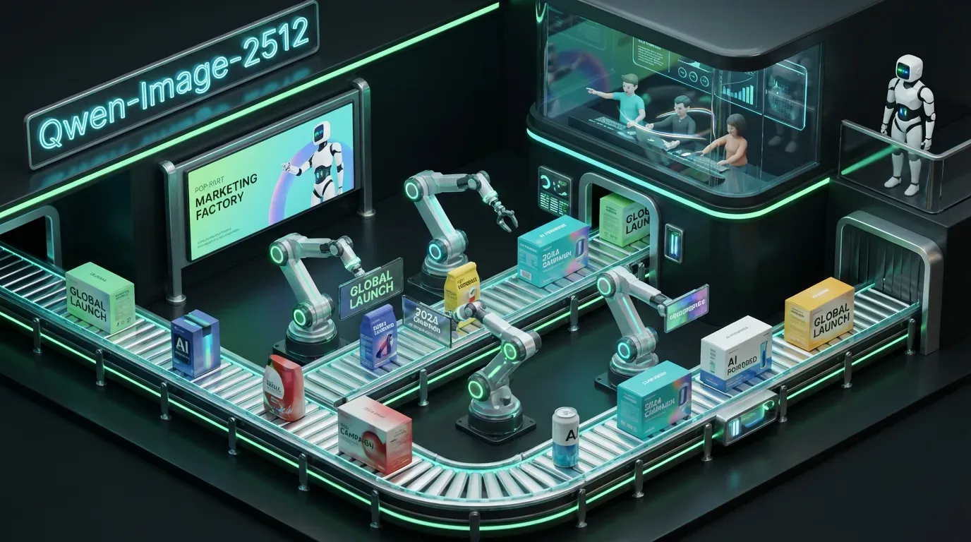 Pop-art factory with Qwen-Image-2512 robots making realistic marketing assets with perfect branding and text