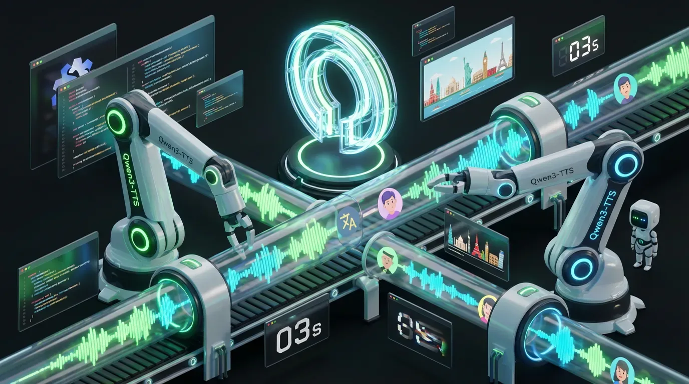 Futuristic assembly line with Qwen3-TTS robots cloning colorful streaming voices into creative avatars