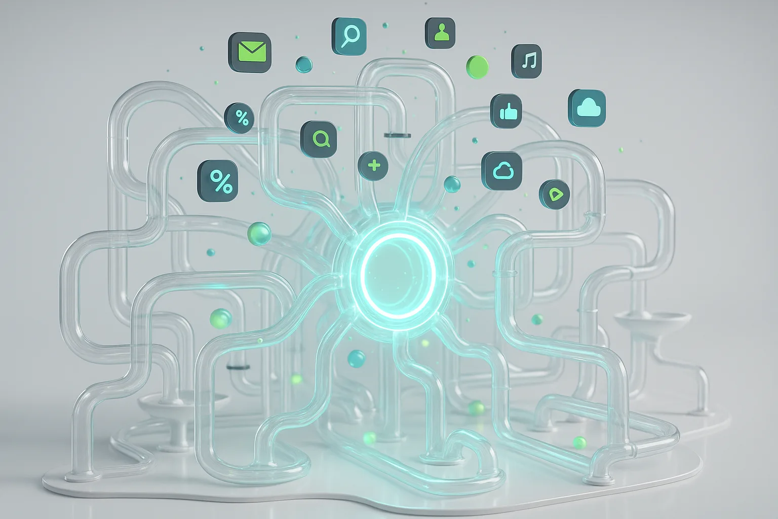 An intricate Rube Goldberg machine made of glowing glass tubes and floating digital icons, channeling chaotic energy into a single radiant portal
