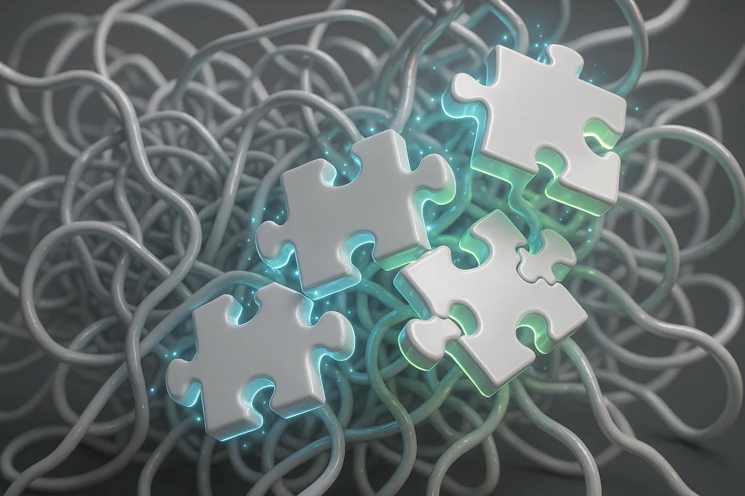 A tangled neural network morphs into sparkling puzzle pieces, each piece glowing with energy and connecting in surprising, organic patterns.