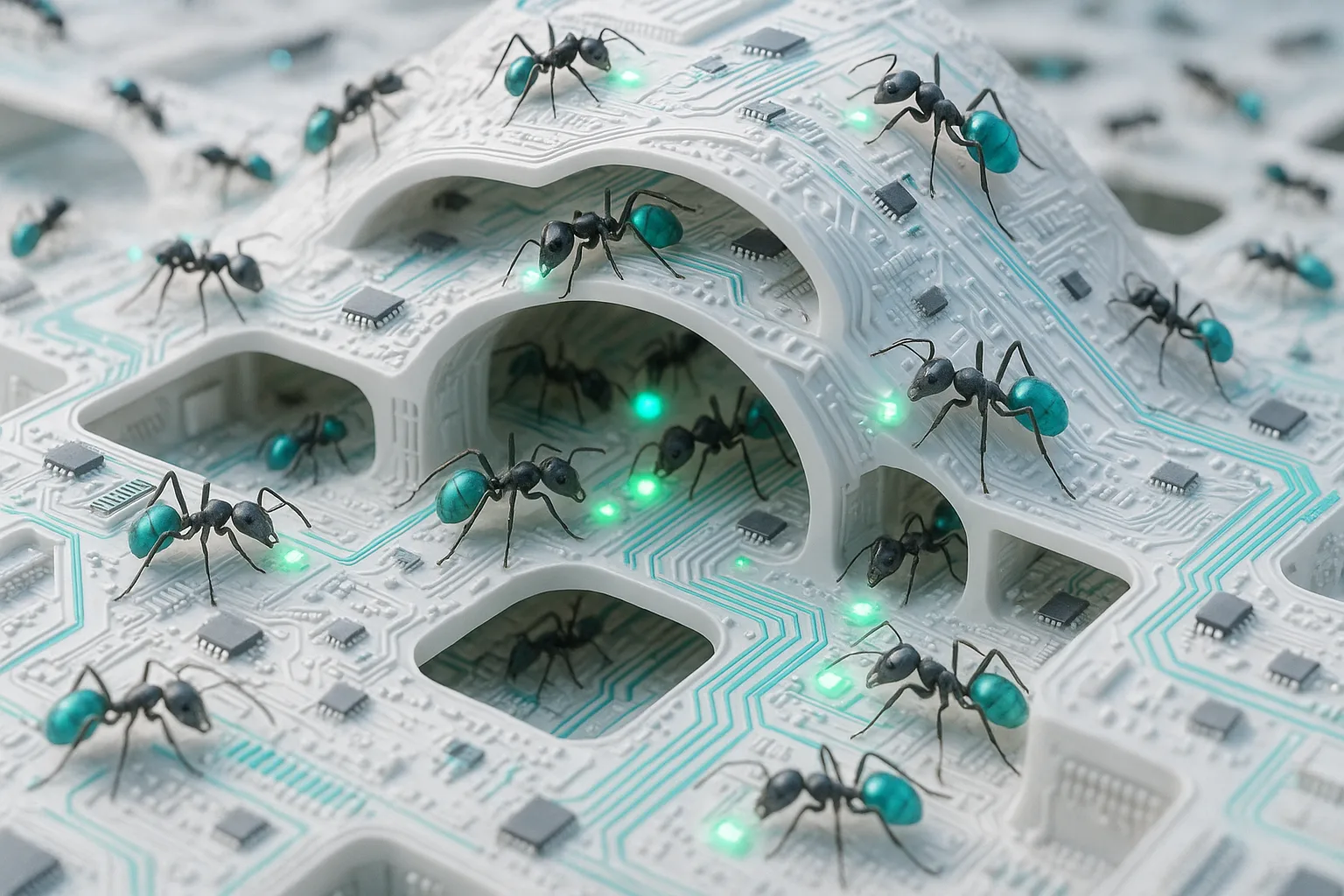 A bustling anthill made of circuit boards, with vibrant digital ants seamlessly passing glowing data crumbs between intricate technicolor tunnels.