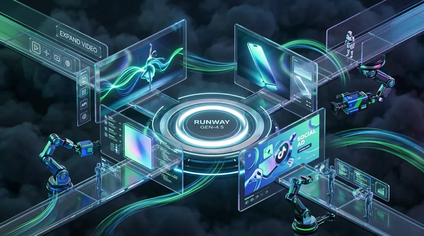 Futuristic film studio maze showing Runway Gen-4.5, parallel workflows, AI video creation, and marketers directing outputs