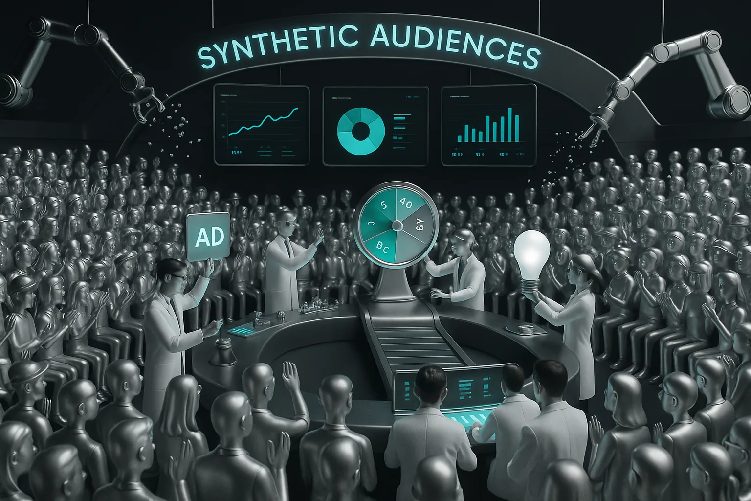 A vibrant digital testing arena where diverse AI personas react to creative marketing experiments in real time