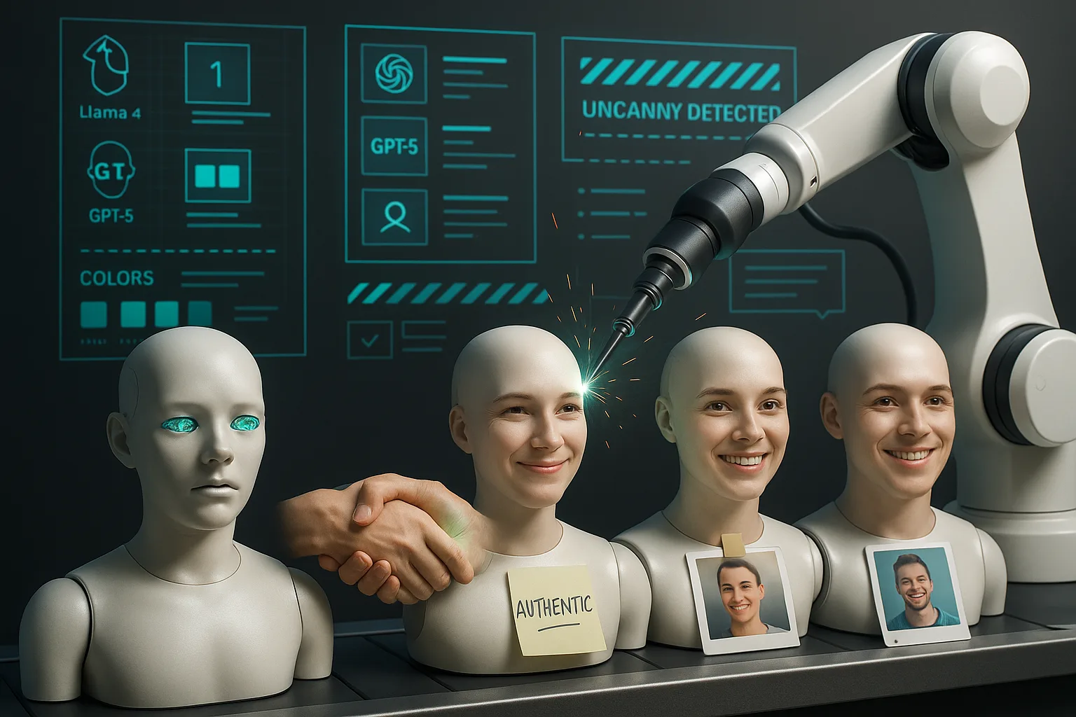 A vibrant assembly line fusing real human features onto quirky AI mannequins with authenticity robots present