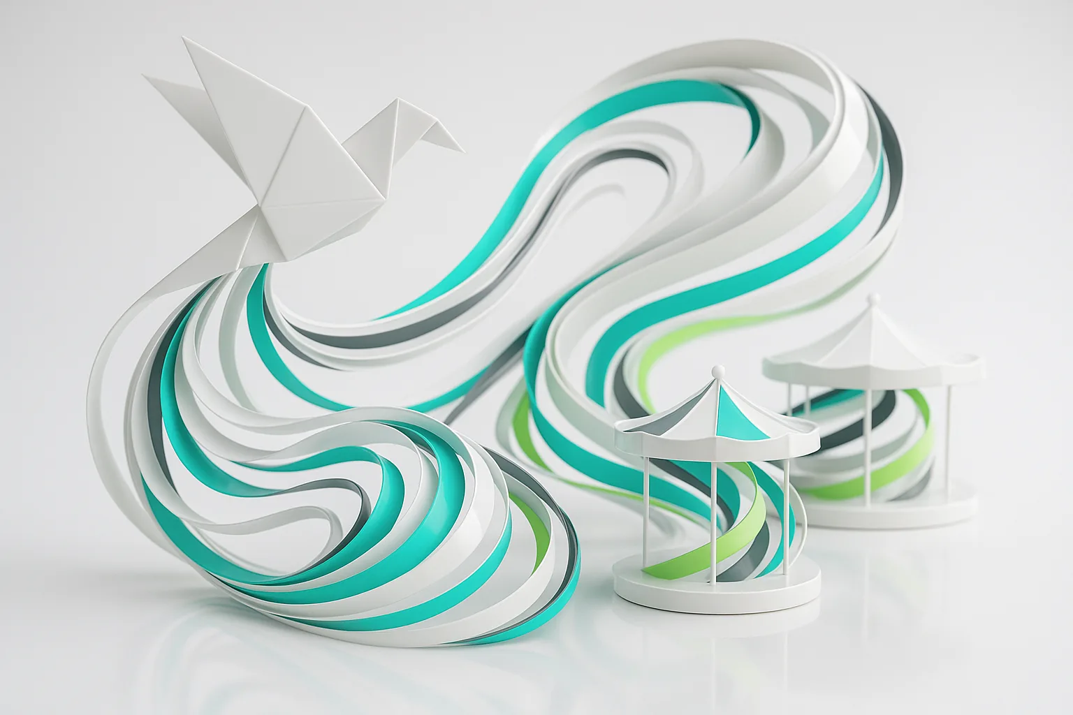 A single kaleidoscopic origami bird elegantly unravels into swirling, colorful paper strips forming dynamic, interconnected carousel displays.