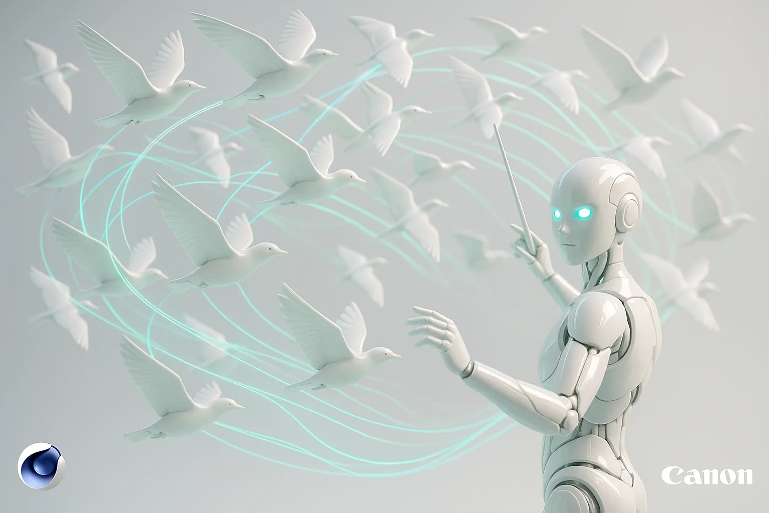 A single luminous AI conductor orchestrates a swirling flock of digital birds mid-air, each bird connected by shimmering energy trails in perfect synchronized motion.