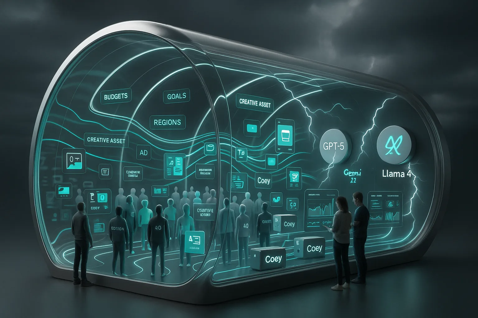 Futuristic marketing wind tunnel lab with AI personas, creative ads, and glowing data streams being tested