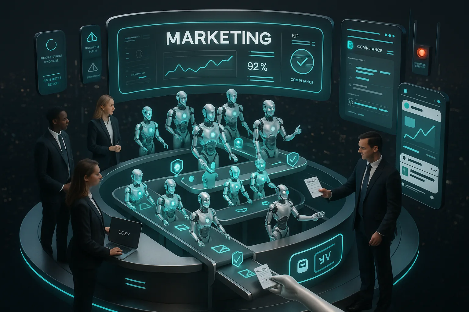 Futuristic AI marketing command center with compliance dashboards, risk-tiered conveyor belts, and COEY branding