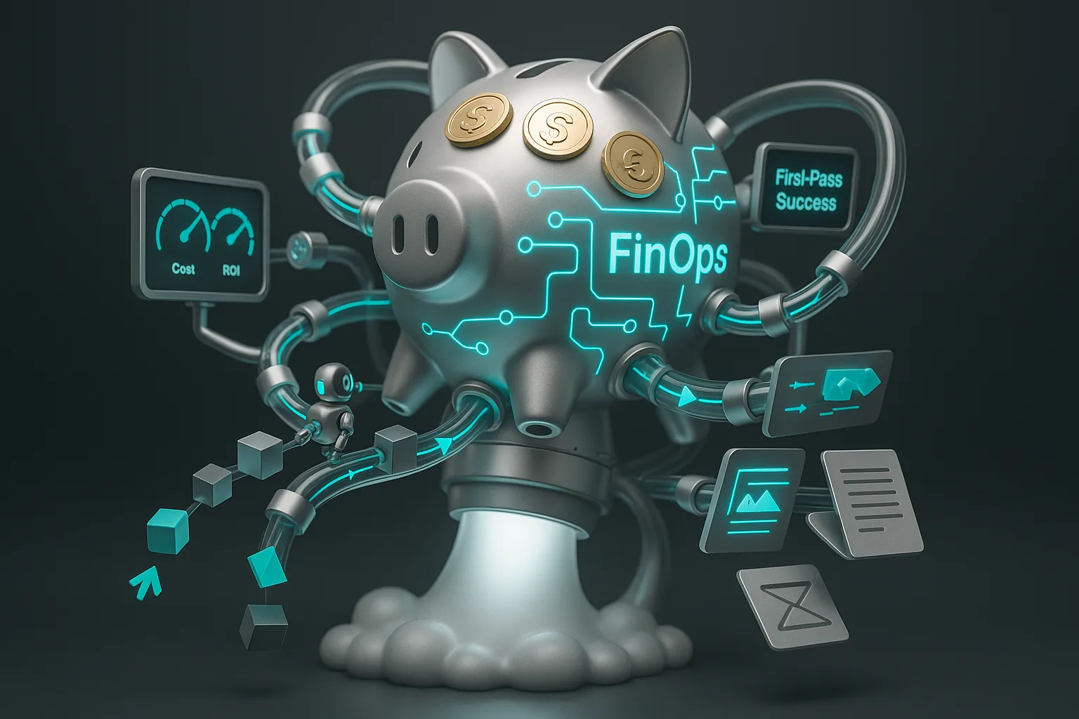 Futuristic piggy bank rocket blasts through neon sky with robots routing creative marketing assets efficiently