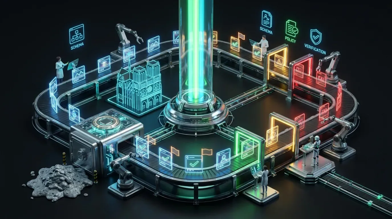 Futuristic control loop scanning glowing posts through color-coded risk gates with human reviewers, central beacon