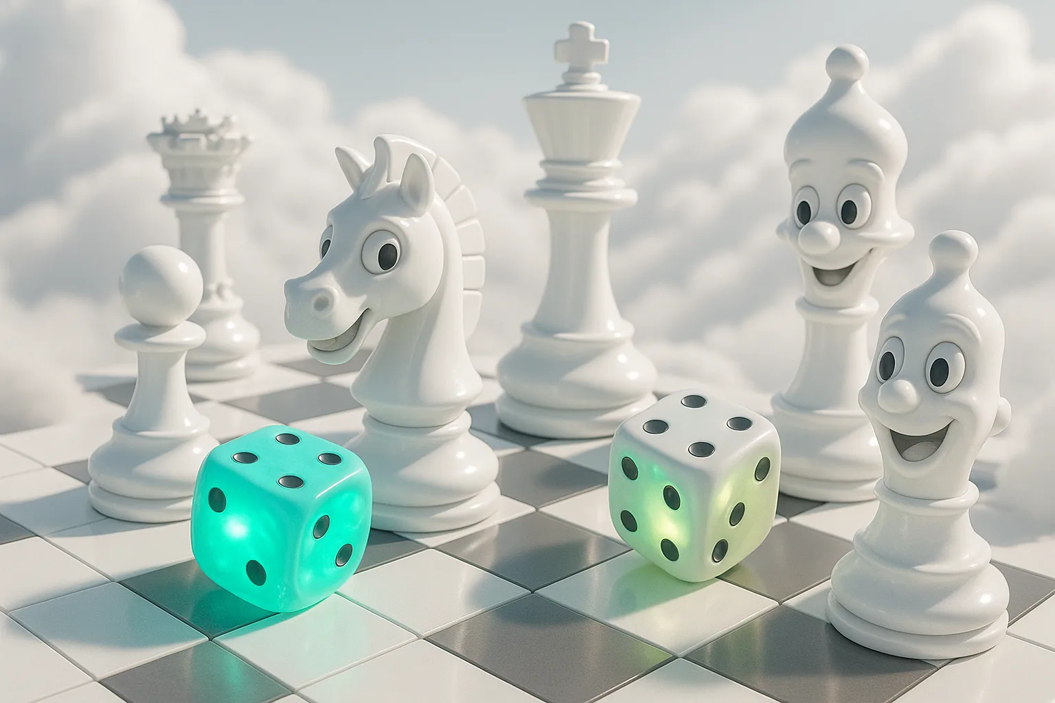 A surreal game board sprawls across clouds, mechanical chess pieces morphing into lively mascots, rolling dice of swirling glowing color.