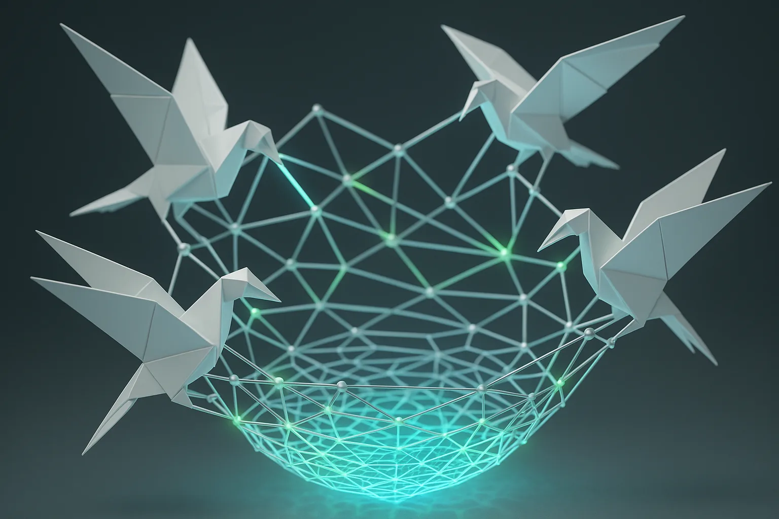 A shimmering lattice of interconnected origami birds, each glowing with neon light, collaboratively building a futuristic digital nest in midair.