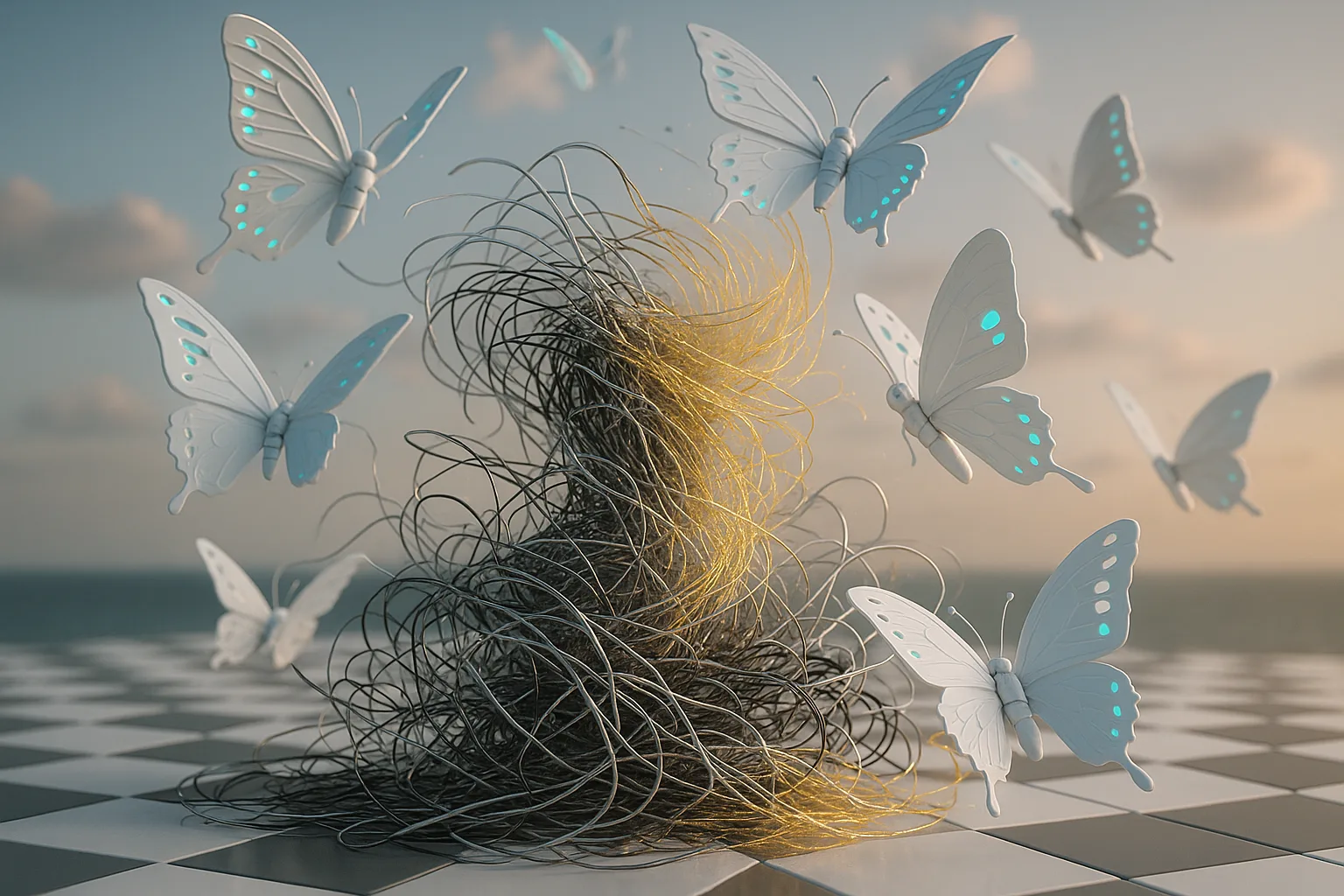 A surreal whirlwind of mechanical butterflies morphing tangled wires into shimmering gold threads, set atop a chessboard sky at dawn.