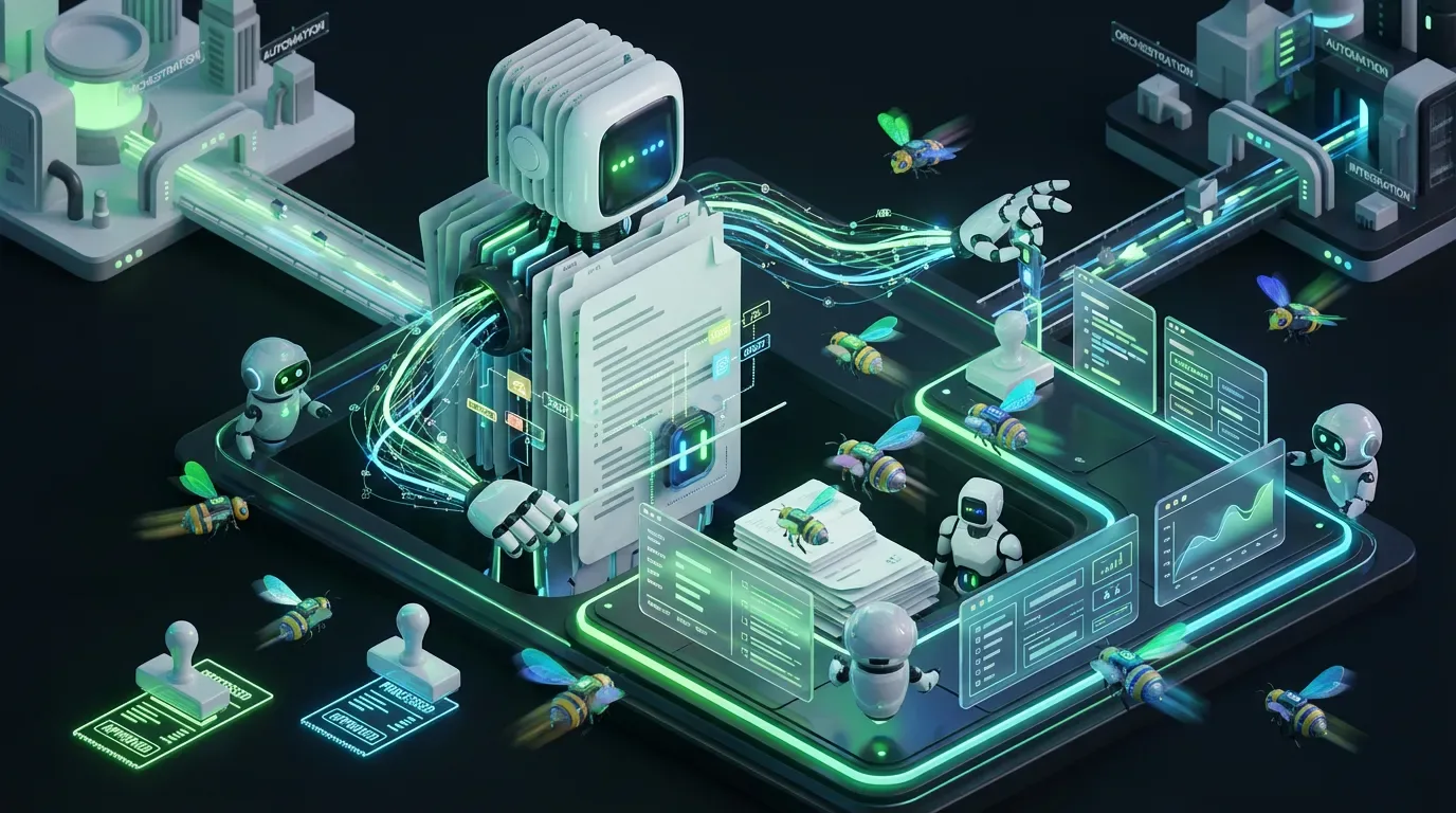 Mechanical conductor of briefs directing robotic bees around a glowing control plane in neon city