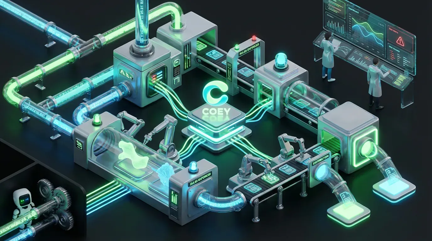 Futuristic factory with robotic assembly line, digital receipts, human monitors, and glowing COEY core
