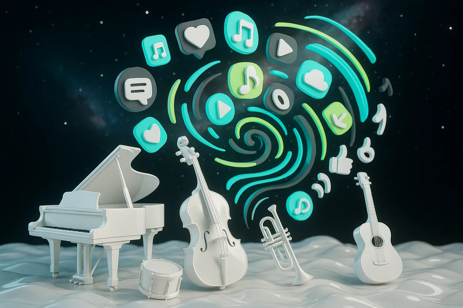 A surreal orchestra of vibrant, floating musical instruments transforms into swirling, colorful digital icons under a cosmic night sky.