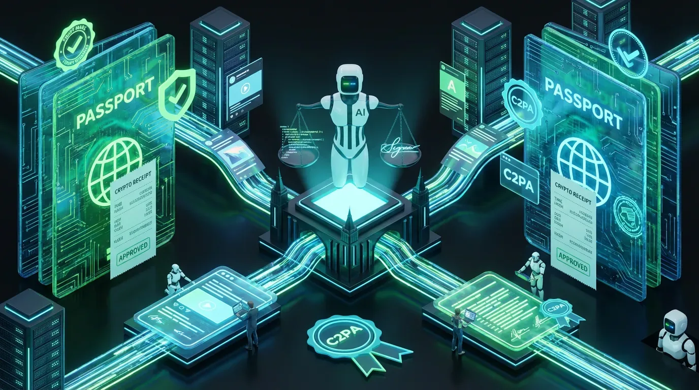Glowing digital passports and trust holograms over flowing ads with human and robot inspectors checking