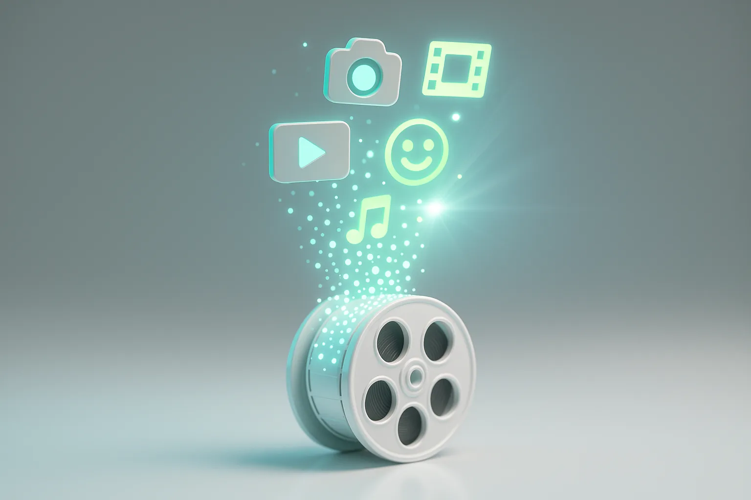 A single futuristic film reel morphing into vibrant digital particles, streaming upward and transforming into playful icons and light, cinematic glow.