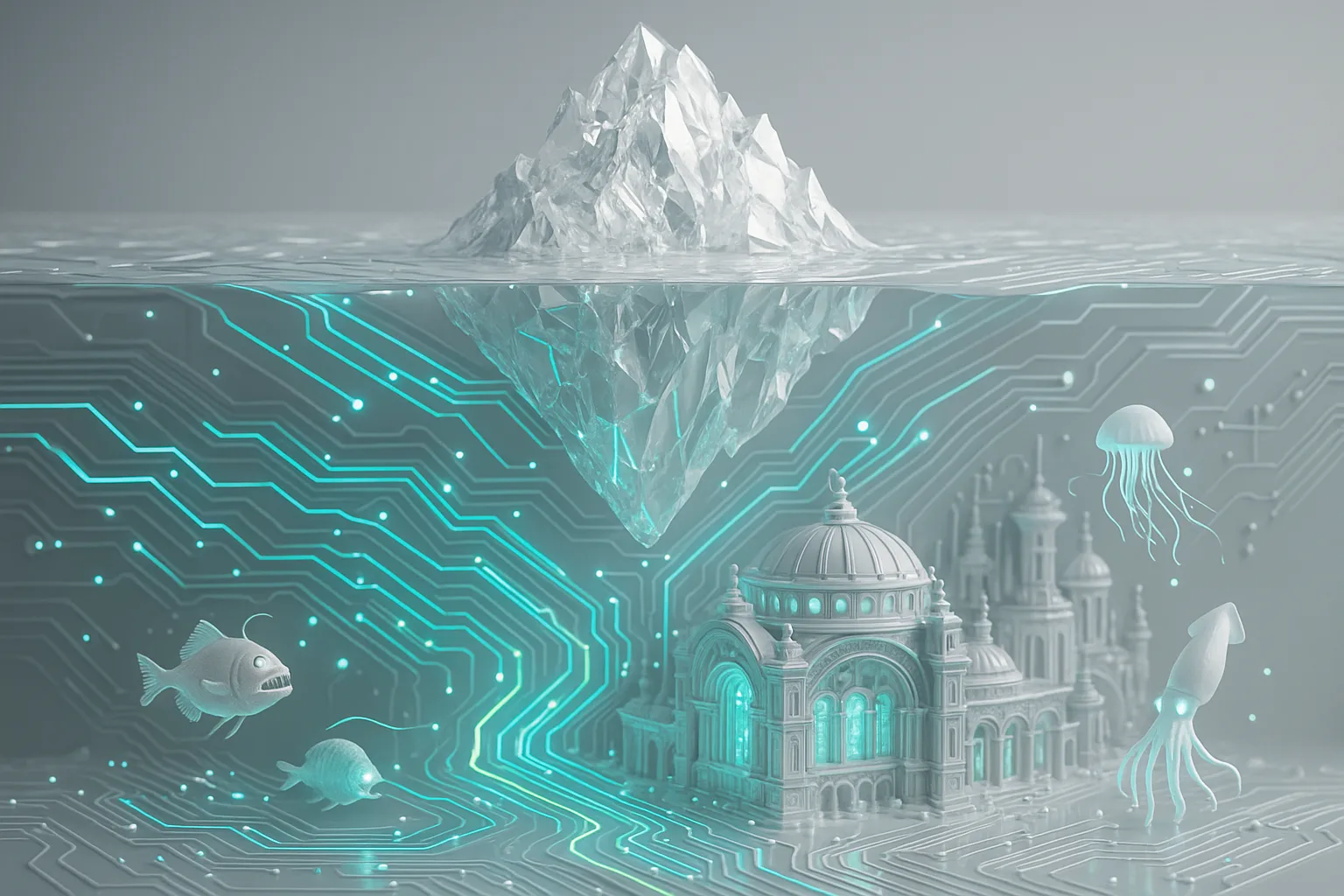 Glistening crystal iceberg floating above, intricate neon circuitry and glowing data streams swirling below, deep-sea creatures illuminating hidden, dazzling architecture.