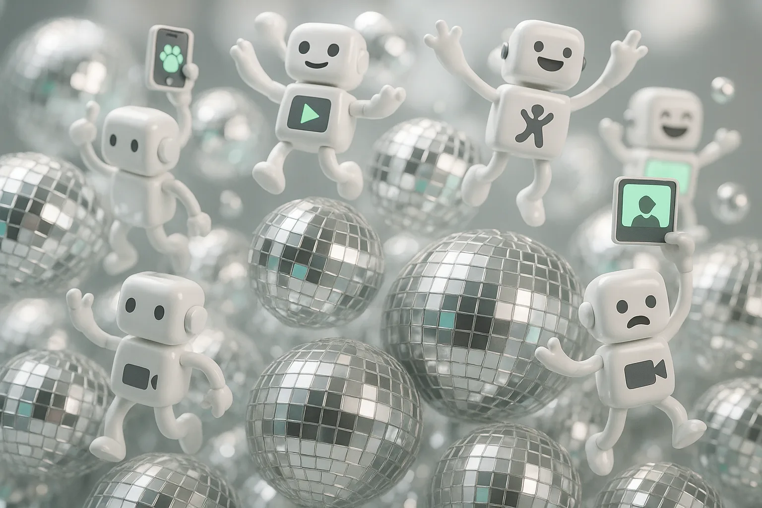 A surreal kaleidoscope of shimmering disco balls, bursting with tiny animated robots, each morphing into viral video scenes mid-air.