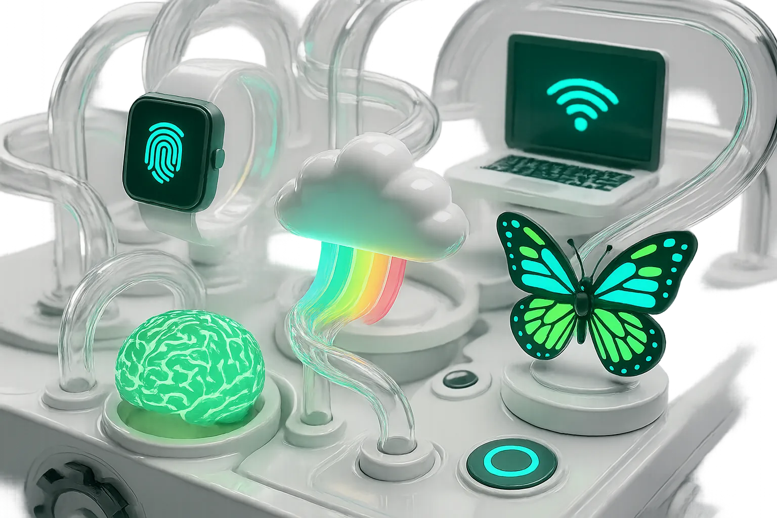 A psychedelic Rube Goldberg machine fueled by neon brains, sending futuristic gadgets, rainbow clouds, and digital butterflies through transparent swirling tubes.