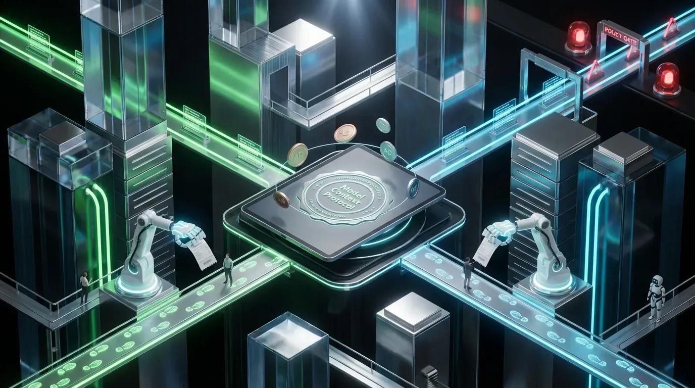Glowing ledger city of contracts, robotic hands handing receipts to humans, holographic audit trails orbiting