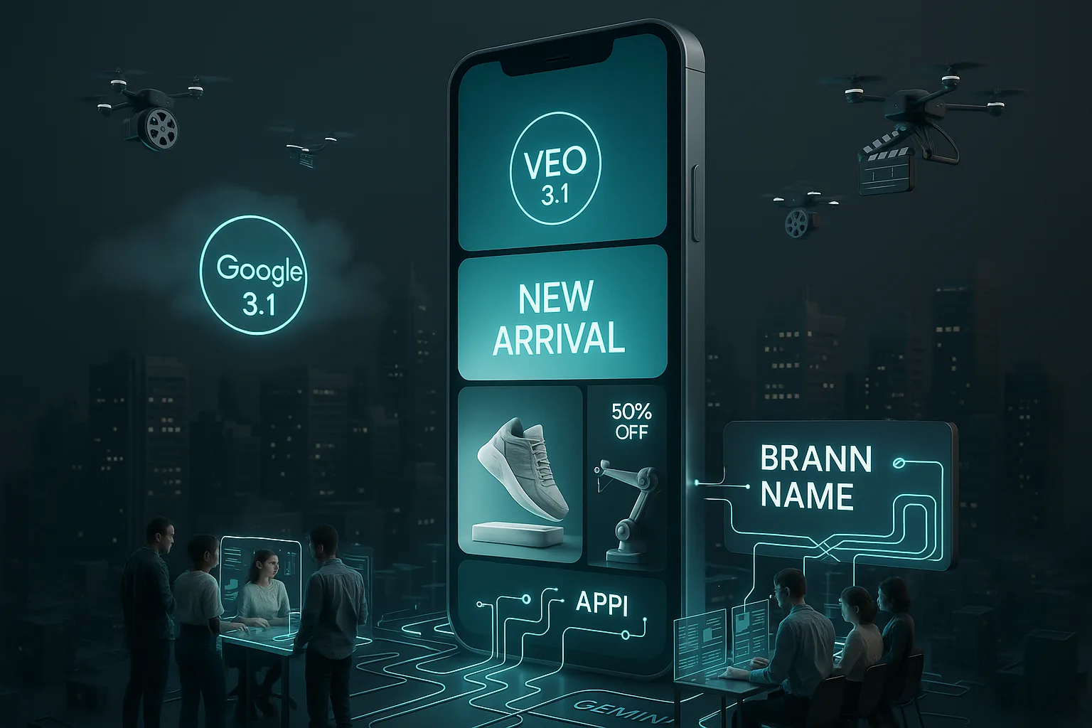 Futuristic city with giant smartphone, Veo 3.1 badge, drones, and vibrant vertical videos displayed
