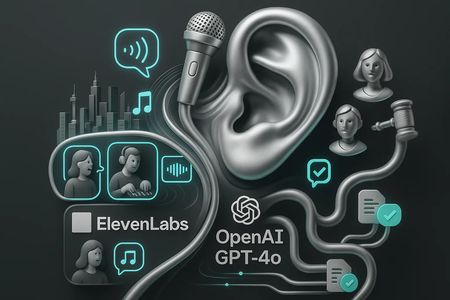 Futuristic audio automation hub with swirling voice, music, compliance, and global localization streams, featuring ElevenLabs and OpenAI