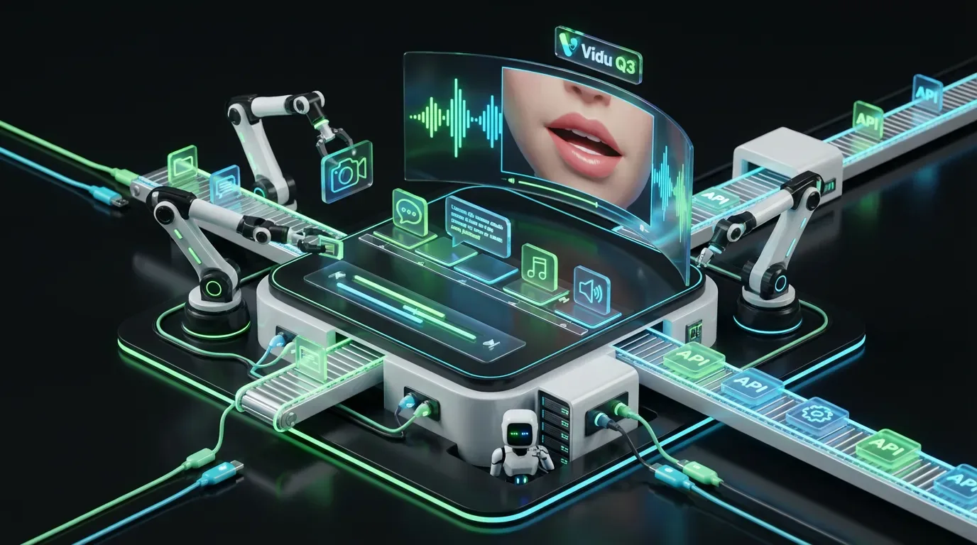 Vibrant AI robots in futuristic lab seamlessly generating synchronized Vidu Q3 video, sound, and animation