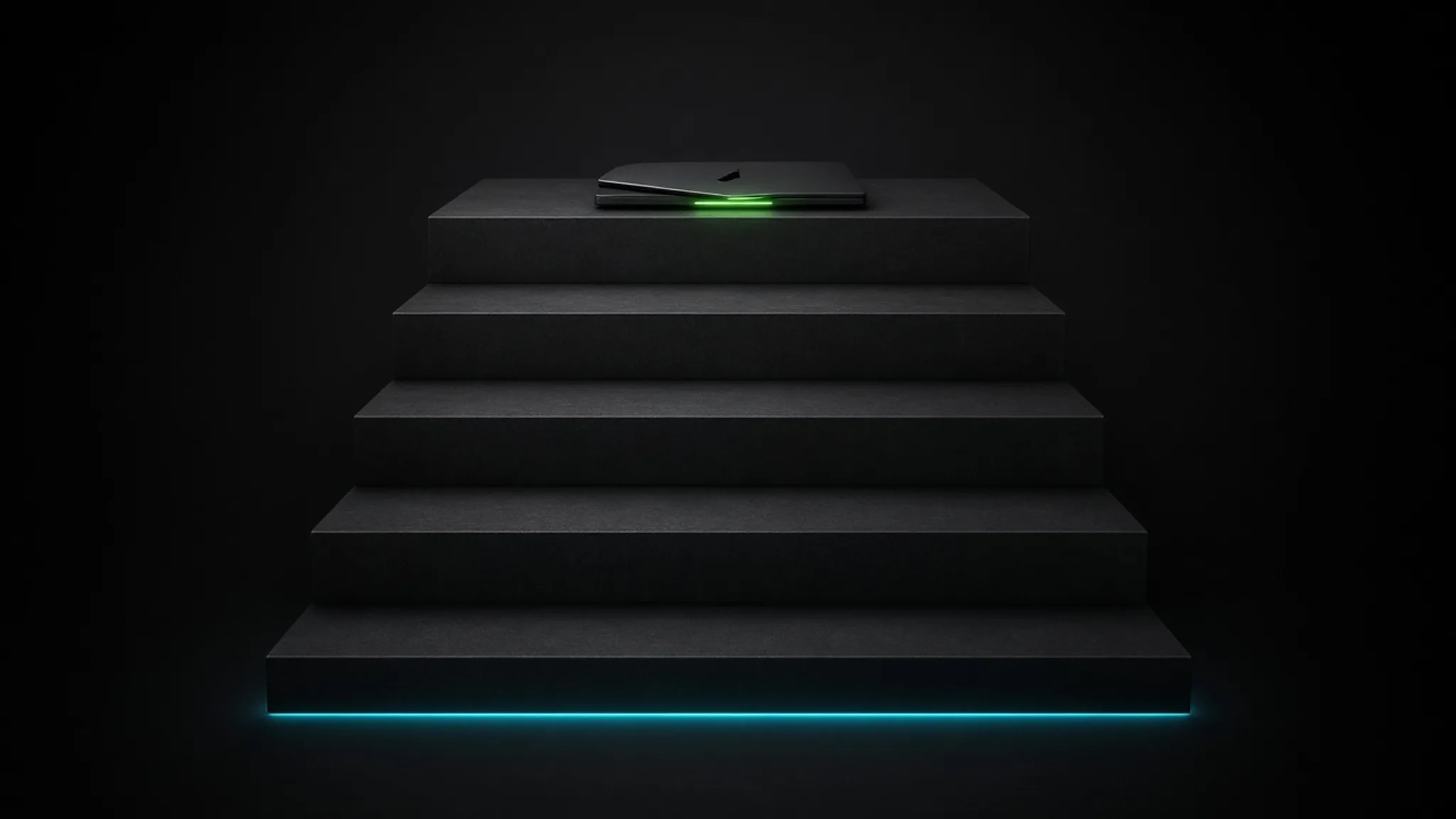 Four metal steps rising to a laptop leaking lime light
