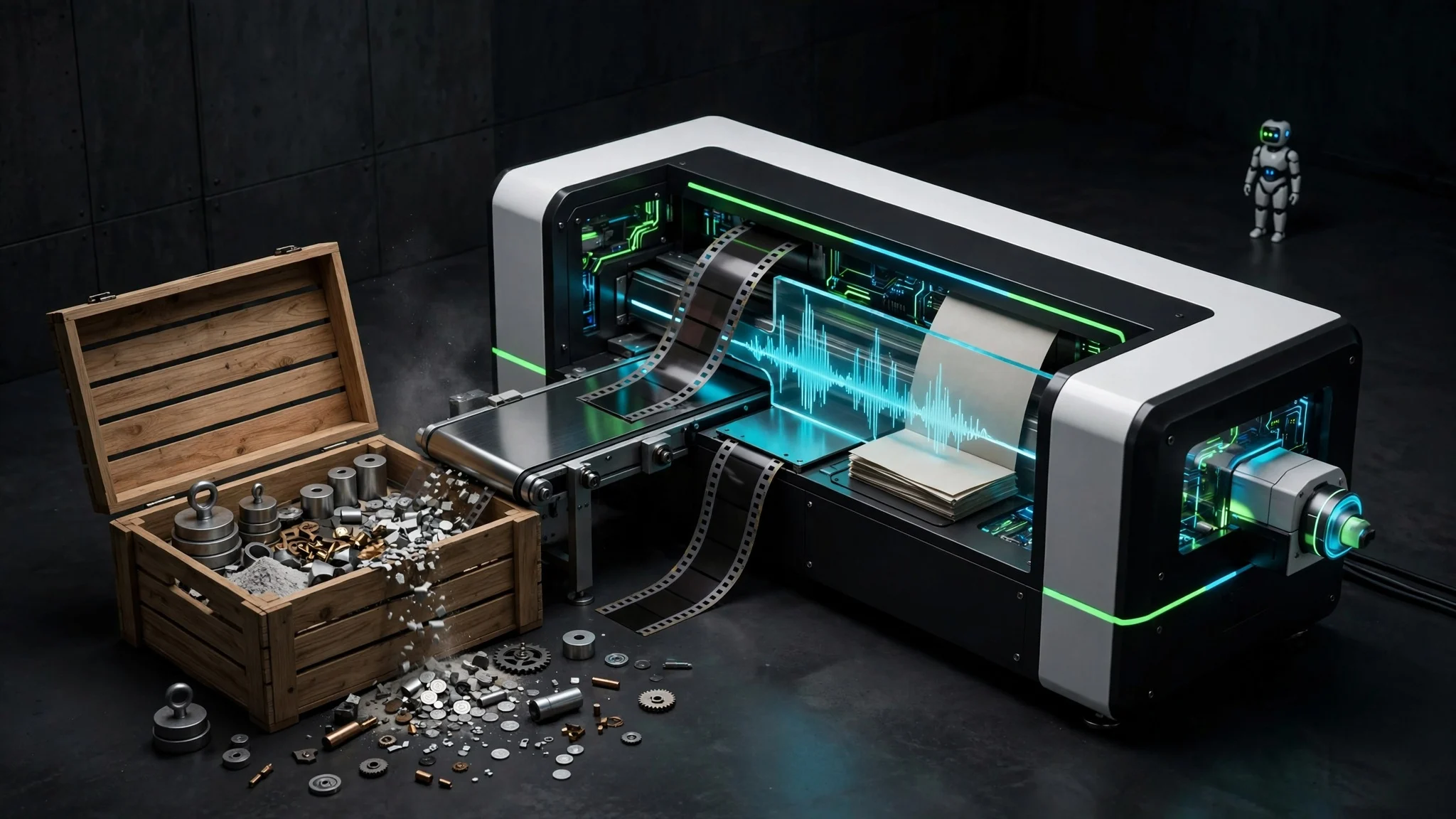 An isometric dark workshop where an open crate of model weights feeds a single production line of stills, film, sound and briefs
