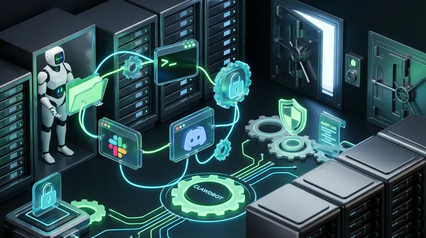 Futuristic Clawdbot robot juggling digital app icons amid neon gears and secure tech environment