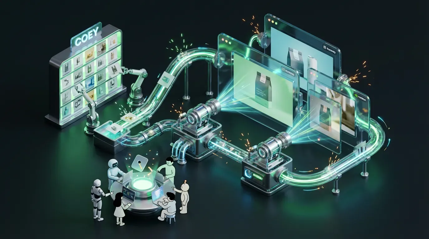 Cartoon Rube Goldberg machine animates product photos into lively videos with COEY, Runway, NVIDIA visible