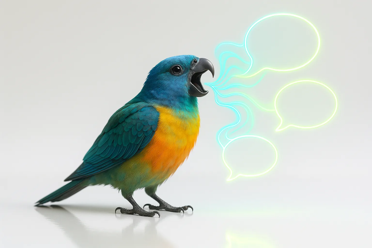 A vibrant parrot with iridescent feathers sings, emitting swirling colorful soundwaves morphing into glowing speech bubbles.