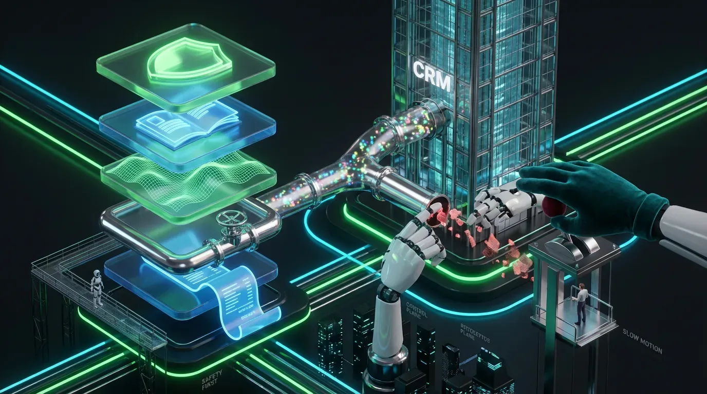 Translucent stacked control plane intercepting content pipeline, muted AI hands routing items to human reviewer