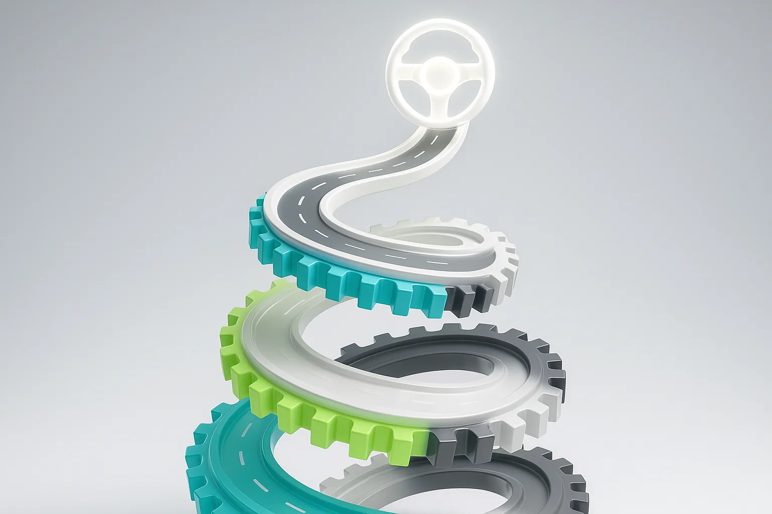 A surreal race track made of colorful, interlocking gears twisting upwards, with a single luminous steering wheel levitating at the apex.