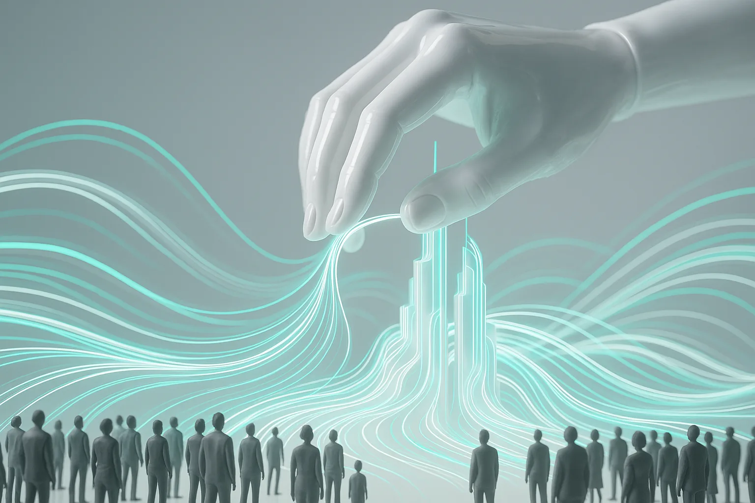 A colossal, translucent AI hand delicately shaping a dynamic cityscape made of swirling light streams, guiding countless human silhouettes whose gaze follows the luminous pathways it creates.