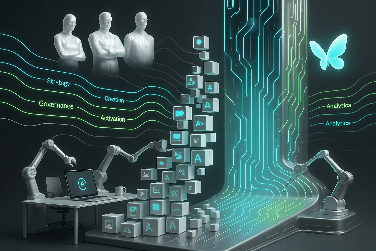Futuristic digital skyscraper absorbs creative assets as robotic arms and icons orchestrate agency transformation