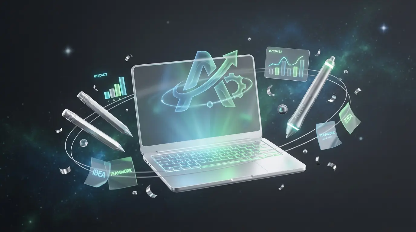 Colorful digital tools orbiting a glowing laptop in a surreal office galaxy with company logo