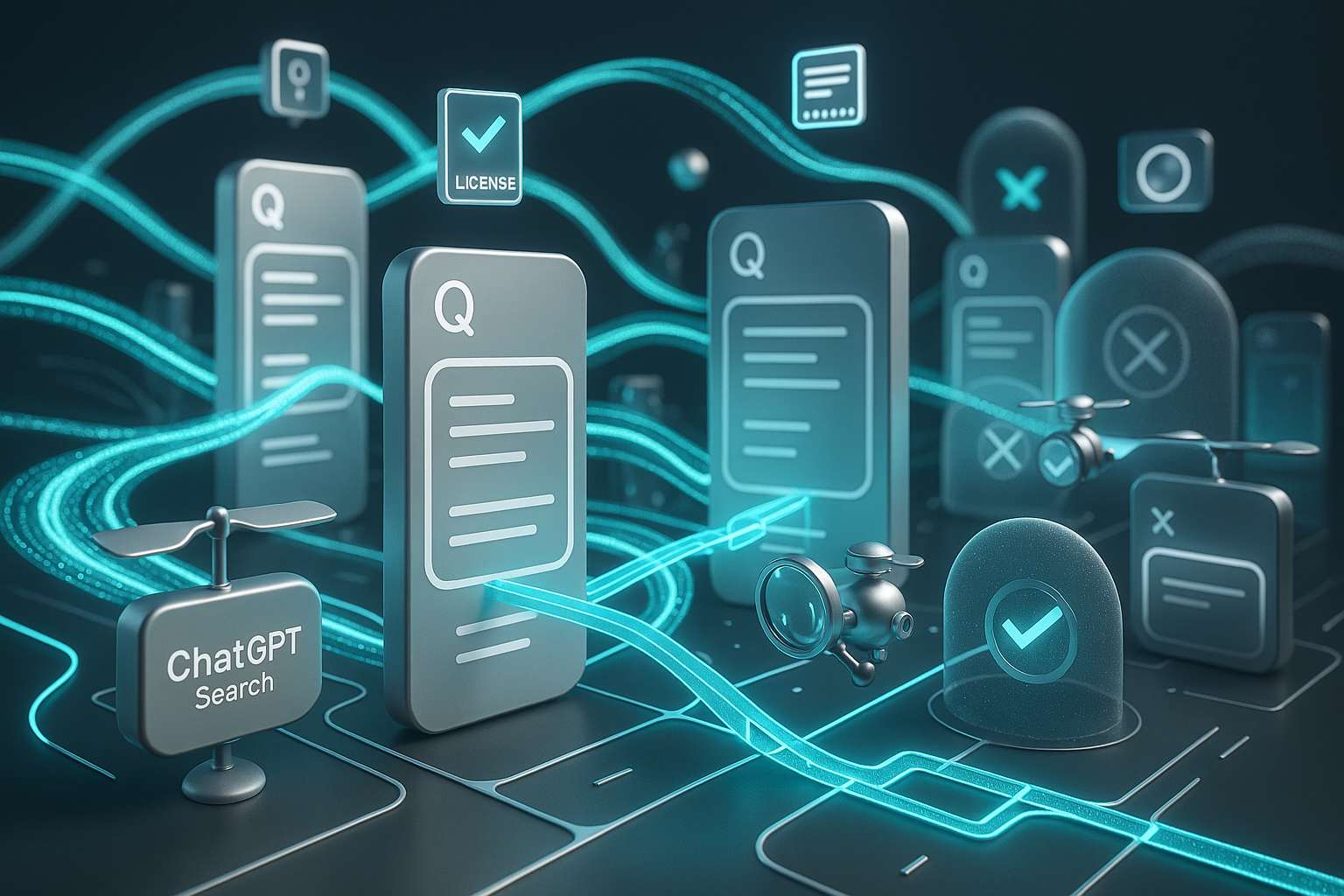 AI agent drones scan license tagged answer cards across a glowing contract-connected data cityscape