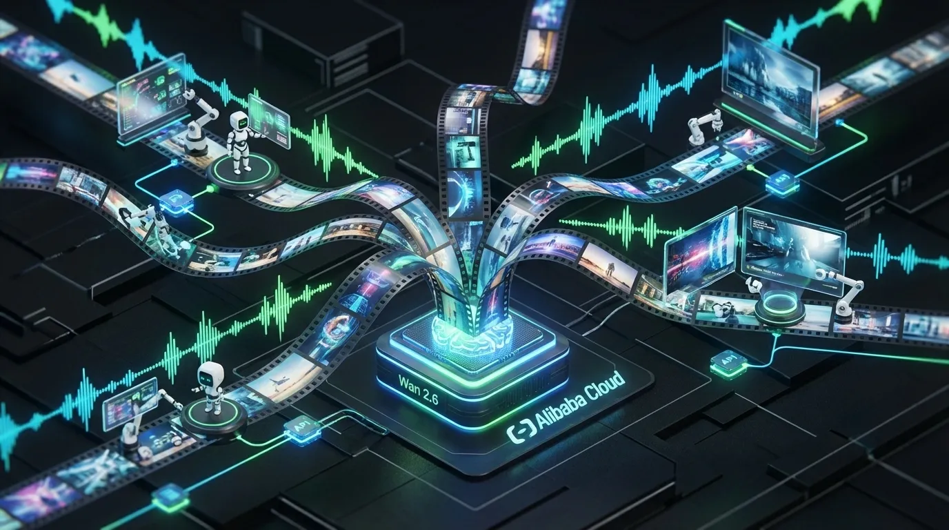 Futuristic AI brain orchestrates multi-scene holographic videos, connected by swirling filmstrips and cloud elements